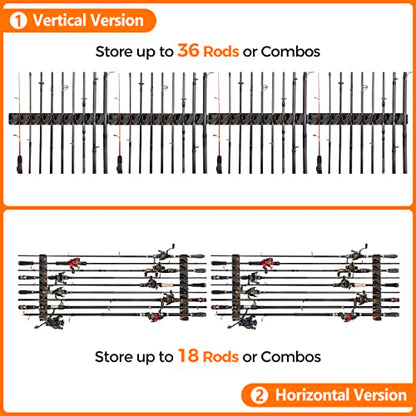 PLUSINNO V9 Vertical Fishing Rod Holders, Wall Mount 4-Pack - Holds 36 Rods, Diameter 3-19mm - style: Orange 4-pack (store 36 combos)