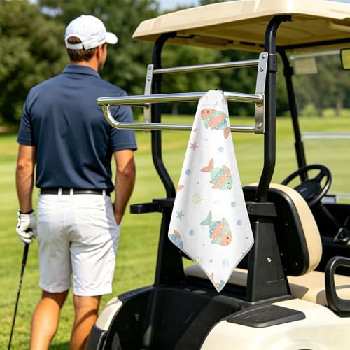 Fish 2 Pack Waffle Pattern Golf Towels, 17.7"x17.7" Square Golf Towel with Carabiner Clip and Magnetic Snap for Cleaning Golf Ball, Club