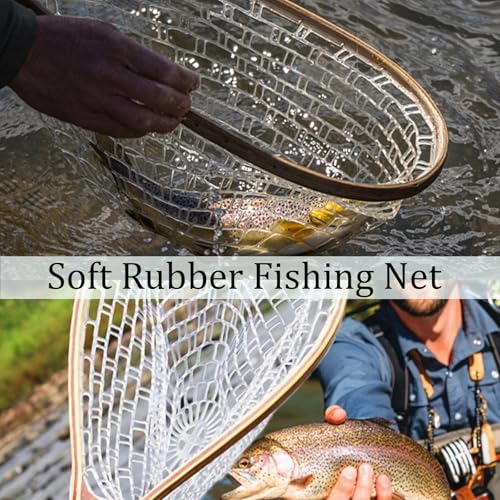 Garveelife Fishing Net for Trout, Fly Fishing Net with Soft Rubber Mesh, Wooden Handle Fishing Net for Freshwater & Saltwater Fishing, Catch and Release, Gift for Anglers & Fly Fishing Enthusiasts