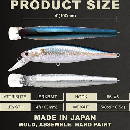 LUCKY CRAFT Pointer 100SP, Jerkbait Side by Side Action Tournament Winning Perfect Wobbling Freshwater Lake Bass Fishing Champion Bait - color: MS American Shad