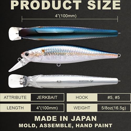 LUCKY CRAFT Pointer 100SP, Jerkbait Side by Side Action Tournament Winning Perfect Wobbling Freshwater Lake Bass Fishing Champion Bait - color: MS American Shad
