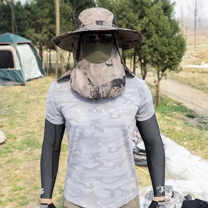 Sun Hat Unisex Face Coverage Shield Neck Flap Cap Garden Lawn Work Sports Hiking Fishing Hats - color: Khaki Ink Wash Pattern