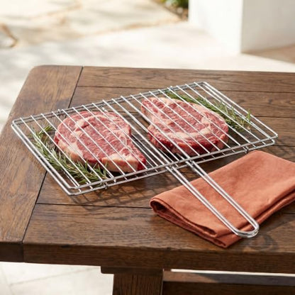 ibasenice Portable Fish Grill Basket Stainless Steel Outdoor Bbq Rack with Heat-Resistant Handle for Camping Grilling Fish Vegetables and Shrimp 16.33X16.14X0.39In