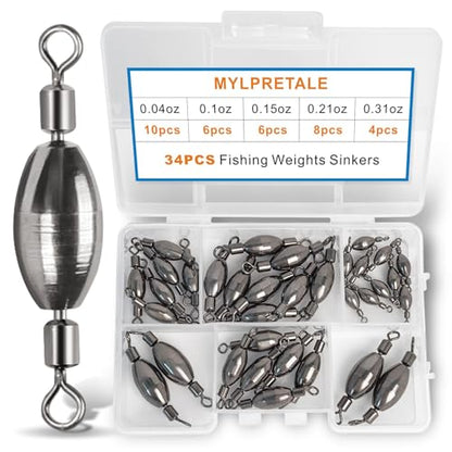 34Pcs Fishing Weights Swivel Brass Sinkers Fishing Weight, Bullet Sinker Weight Kit Tackle, Rolling Swivel Saltwater Freshwater Drop Shot Weights