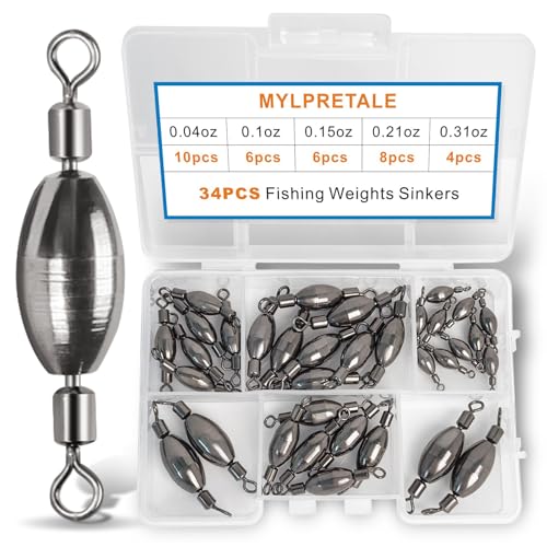 34Pcs Fishing Weights Swivel Brass Sinkers Fishing Weight, Bullet Sinker Weight Kit Tackle, Rolling Swivel Saltwater Freshwater Drop Shot Weights