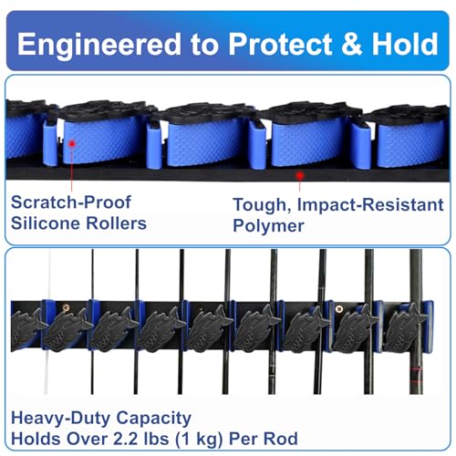 Vertical Fishing Rod Storage Rack Wall Mounted Pole Holder Rack Holds 9 Rods Combos Black - color: Black