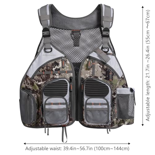 BASSDASH Strap Fishing Vest Adjustable for Men and Women, for Fly Bass Fishing and Outdoor Activities - color: Grunge Camo