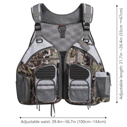 BASSDASH Strap Fishing Vest Adjustable for Men and Women, for Fly Bass Fishing and Outdoor Activities - color: Grunge Camo