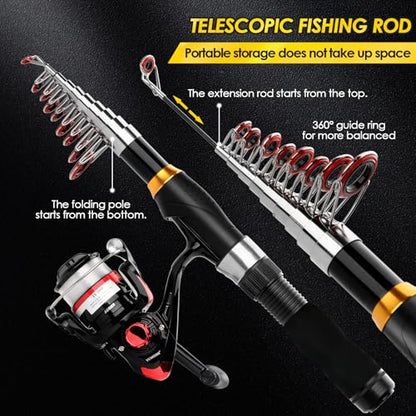 2PCS Telescopic Fishing Rod Reel Combo 6.89FT Collapsible Spinning Pole Kit Compact Fishing Lures Tackle Box Accessories Lightweight Travel Fishing Tool Set for Fishermen Gift