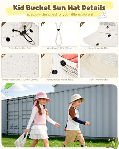 Century Star Kids Sun Hat with Detachable Neck Flap,UPF 50+ Windproof Waterproof Beach Bucket Hat Outdoor Fishing Safari - color: Beige