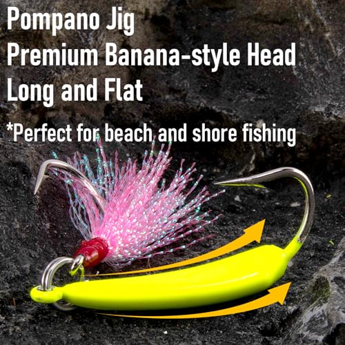 Dr.Fish 5 Pack Pompano Jigs with Teaser Hooks, Surf Fishing Jig Heads Saltwater Lure Banana Shape Stand Up O'Shaughnessy Beach Casting Halibut Striper Redfish Flounder - color: Chartreuse, size: 3/8oz-Hook 3/0