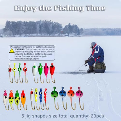 Ice Fishing Jigs Luminous Ice Fishing Lures Glowing Jig Gear Winter Fishing Jigging for Crappie Pike Panfish Walleye Perch Bluegill 6pcs/20pcs - color: B-20PCS