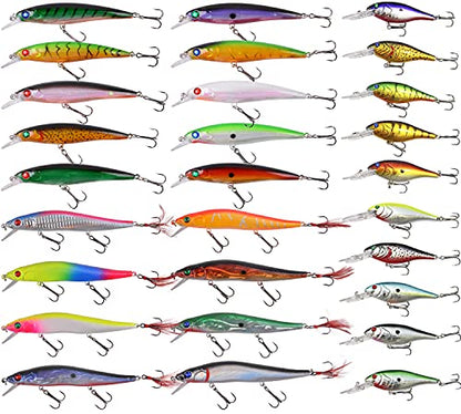 Fishing Lures Kit Crankbait Minnow Hard Bait Set Deep Diving Jerkbait Swimbait Popper Pencil Walleye Lures Artificial Fishing Bait for Bass Trout Redfish Saltwater Freshwater Fishing Lure - color: Kit-28pcs