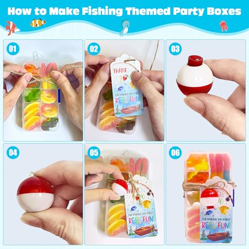 48 Set Fishing Candy Little Tackle Boxes for Birthday Party Favors with 48 Fishing Bobber 48 Thank You Cards for Making My Party Reel Fun Gone Fishing Theme Supplies Fishing Decorations (48)