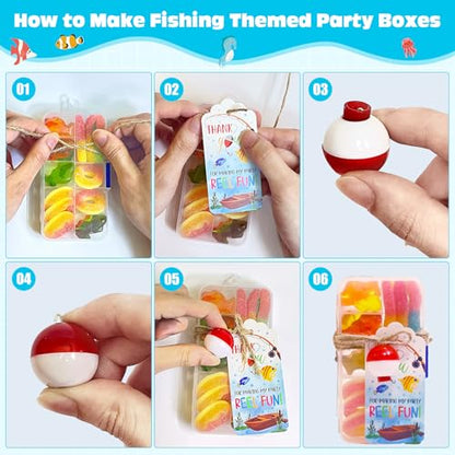 48 Set Fishing Candy Little Tackle Boxes for Birthday Party Favors with 48 Fishing Bobber 48 Thank You Cards for Making My Party Reel Fun Gone Fishing Theme Supplies Fishing Decorations (48)
