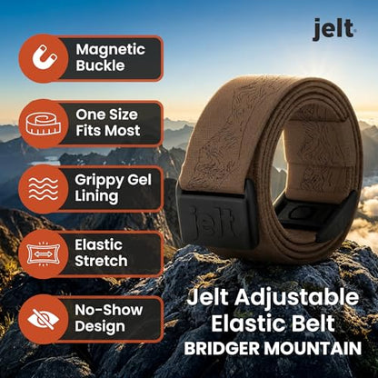 JeltX Adjustable Elastic Belts for Men and Women, Non-Slip Stretch Belt with Magnetic Belt Buckle and Grippy Gel - color: Bridger Mountain