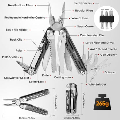 BIBURY Multitools BI2038C, 22-in-1 Stainless Steel Pocket Knife with Scissors, Foldable Self-locking EDC Multi tools Pliers with Sheath for Outdoor Hunting Survival Camping Simple Repair