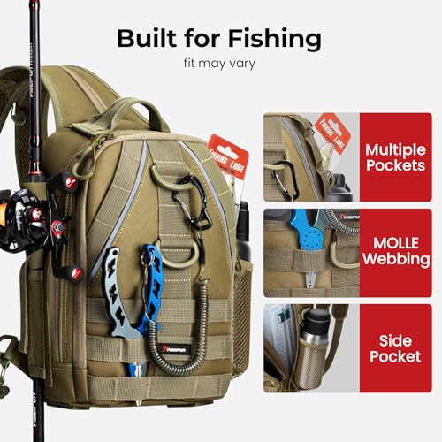 Piscifun Fishing Backpack with Rod Holder, Lightweight Sling Bag Storge Gear and Equipment - color: Khaki, size: Large, style: Latch