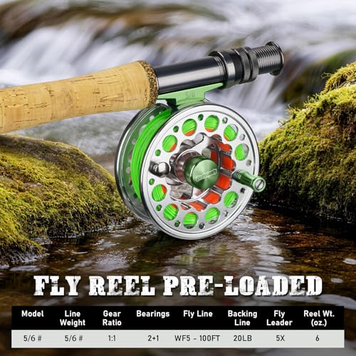 QualyQualy Fly Fishing Combo Starter Kit, 9Ft Fly Rod 4-Piece Graphite Rod with Bag, Accessories, Die Cast Aluminum Pre-Loaded Reel, Chest Pack, Fly Fishng Net & Flies - color: B-5/6-Green Reel（Rod Case）