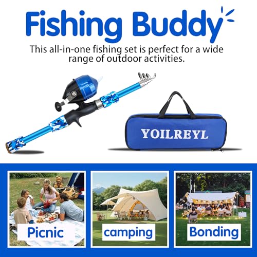 Collapsible Telescopic Fishing Rod and Reel Combo Push Button Small Fishing Pole Kit Beginner Youth Boys Fishing Starter Set Tackle - color: Camo Blue, size: 4.92FT