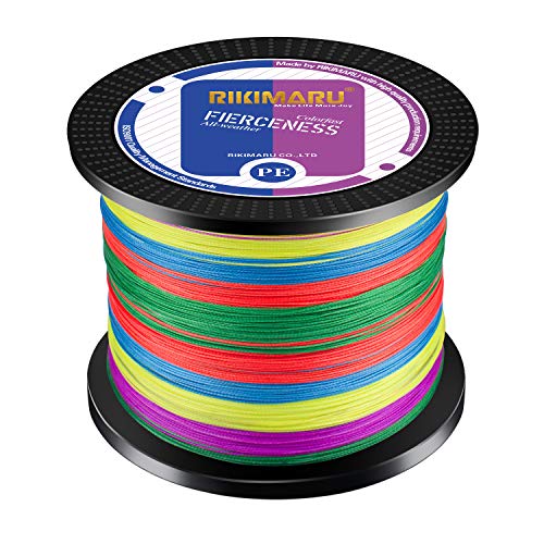 RIKIMARU Braided Fishing Line Abrasion Resistant Superline Zero Stretch&Low Memory Extra Thin Diameter 327-1094 Yds, 4-180LB - color: Multicolor, size: 327 Yds/0.50mm(8 Strands)/100LB