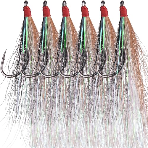 Bucktail Teasers Fishing Hooks Saltwater Flounder Rig Bucktail Mylar Teasers Inserted Fishing Teaser Hooks for Jigs Spoons Lures Hi/Lo Rig Striped Bass Bluefish Flounder Surf Bottom Fishing - color: Black-grey, size: 6pcs