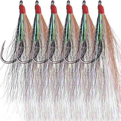 Bucktail Teasers Fishing Hooks Saltwater Flounder Rig Bucktail Mylar Teasers Inserted Fishing Teaser Hooks for Jigs Spoons Lures Hi/Lo Rig Striped Bass Bluefish Flounder Surf Bottom Fishing - color: Black-grey, size: 6pcs
