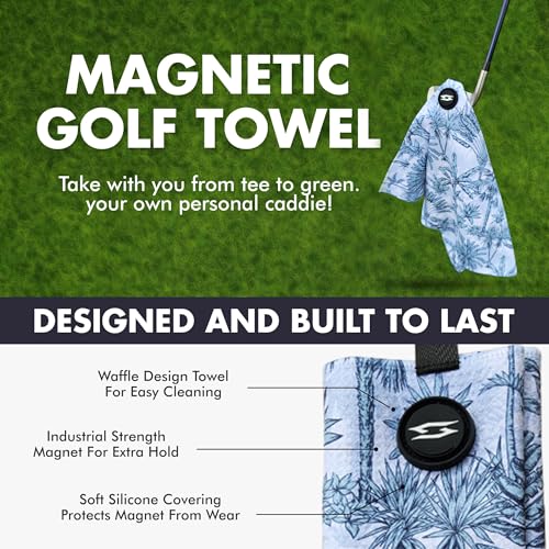 Magnetic Microfiber Waffle Golf Towel – Large 16"x24" Clean Golf Club Ball Magnet Clip to Hang on Bag Cart Strong Premium Ultra Absorbent Gear Blue Tropical Men (Blue Palms) - color: Blue Palms