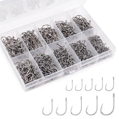 500PCS Barbed Fishing Hooks, 10 Sizes High Carbon Steel Fish Hooks, High Strength & Sharp Point with Plastic Storage Box, Suitable for Freshwater & Saltwater