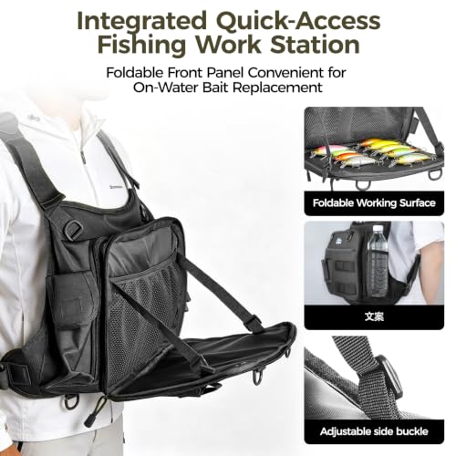 Fishing Chest Pack with 3 Bait Boxes, Fly Fishing Tackle Bag & Work Station - color: Black