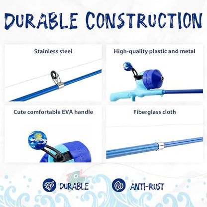 Kids Fishing Pole, Telescopic Fishing Rod, Toddler Collapsible Fishing Rod and Reel Combo with Tackle Box, Fishing Line, Bobber, and Soft Lures for Boy, Girl, Youth, Beginner, Over 4 Years Old - color: blue+pink