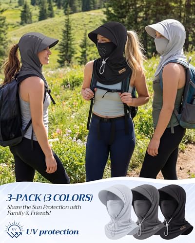Shihanee 3 Pack Balaclava Face Mask Sun Protection Hood Cooling Breathable Full Head Mask for Men Women Fishing Cycling - color: Black, Grey, Misty Grey