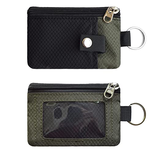 CHENSPRX Minimalist RFID Blocking Small Wallet with ID Window,WaterResistant Zip Id Case Wallet with Lanyard Keychain for Cards,Cash,Travel,Women,Men - color: Black+Army Green