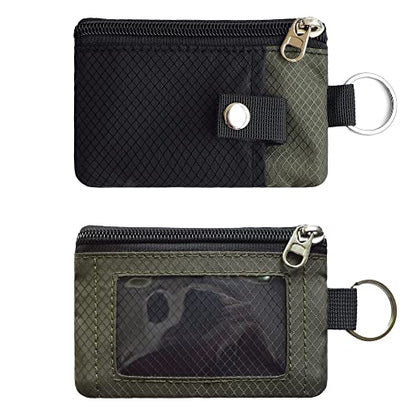 CHENSPRX Minimalist RFID Blocking Small Wallet with ID Window,WaterResistant Zip Id Case Wallet with Lanyard Keychain for Cards,Cash,Travel,Women,Men - color: Black+Army Green