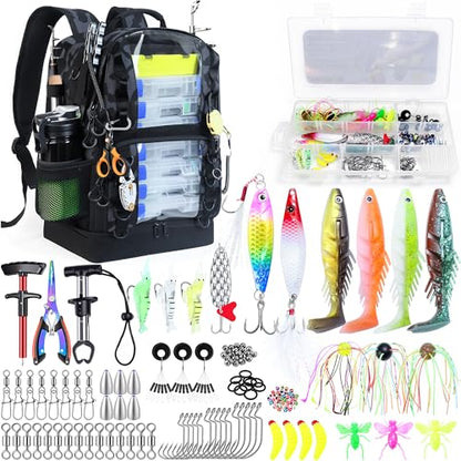 Fishing Backpack with Tackle Boxes,45L Large Tackle Bag with Cooler & Fishing Gear Kit,Waterproof Tackle Backpack for Gift with Fishing Lures, Fishing Pliers,Camouflage - color: Camouflage Black(with Fishing Gear)