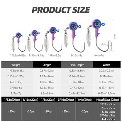 Spinner Blade Jig Heads, 20pcs Fishing Jig Hooks with Sharp Barb, 4 Size Options, for Saltwater and Freshwater Fishing - size: 1/32 oz