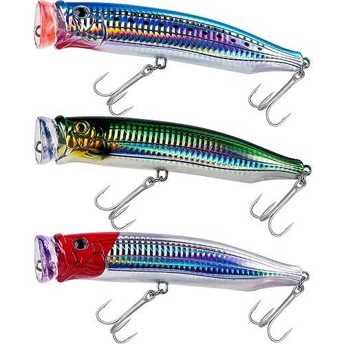 THKFISH Popper Lures Saltwater Tuna Popper Topwater Fishing Lures for Surf Fishing Bass with 3D Eyes for GT Tuna Large Fish 5.9in 1pc/3pcs - color: 3PCS-BLUSPOT-GREEN-RED