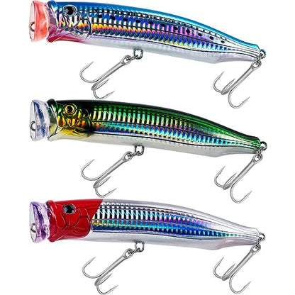 THKFISH Popper Lures Saltwater Tuna Popper Topwater Fishing Lures for Surf Fishing Bass with 3D Eyes for GT Tuna Large Fish 5.9in 1pc/3pcs - color: 3PCS-BLUSPOT-GREEN-RED