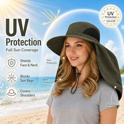 HUAMULAN Women Large Brim Sun Hat with Neck Flap, Men Quick Dry Hiking Fishing Safari Hat UPF 50+ - color: Yq005-armygreen
