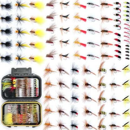 EXAURAFELIS Flying Flies kit Fishing Gear Fishing Lure 64/100/120PCS Dry Wet Flies Tackle Box Fly FishingLures for Bass Salmon Trout Freshwater Walleye Steelhead Bonefish Tarpon Saltwater - color: 100 pcs