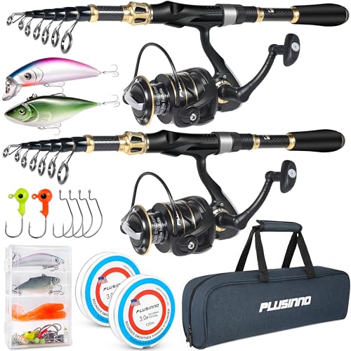 PLUSINNO Fishing Rod and Reel Combo, Telescopic Fishing Pole Kit with Spinning Reel, Tackle Box, Fishing Lures and Travel Carrying Bag, Fishing Gear Gifts for Men - color: 2pack Full Kit with Carrier Case, size: 1.8M 5.91 FT