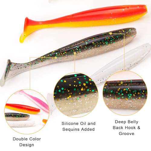 30pcs Soft Plastic Fishing Lures Paddle Tail Swimbaits Soft Baits Lure for Bass Crappie Trout Shad Freshwater Saltwater Fishing Mixed 3.5 Inch 4.7 Inch Swim Bait Kit with Box - color: White, Black, Pink, Orange, Yellow