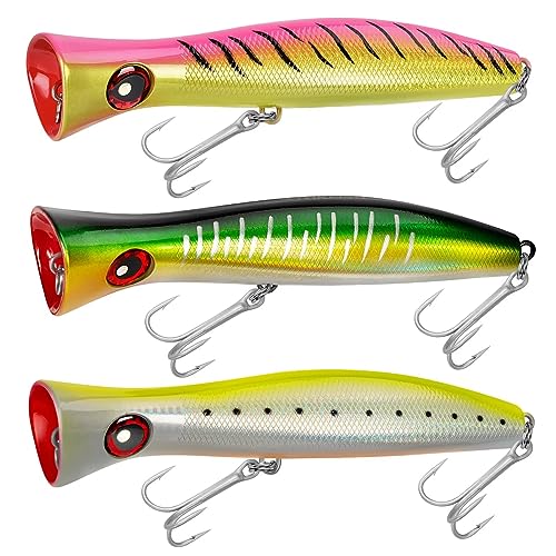 THKFISH Topwater Saltwater Fishing Lures GT Popper with 3X Strong Hook, Surf Fishing 1pc / 3pcs - color: 3pcs 3Colors (YellowLaser+ Pink2+ Green )