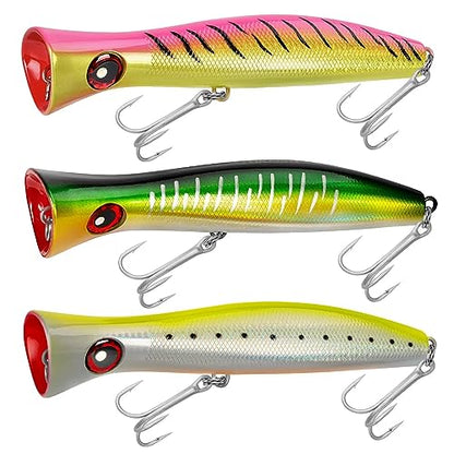 THKFISH Topwater Saltwater Fishing Lures GT Popper with 3X Strong Hook, Surf Fishing 1pc / 3pcs - color: 3pcs 3Colors (YellowLaser+ Pink2+ Green )
