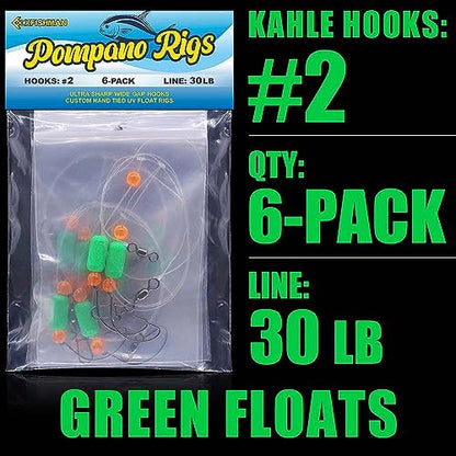 Pompano-Rigs-for-Surf-Fishing-Saltwater-Gear with Double Circle & Wide Gap Hook-6-Pack Surf Fishing Tackle - color: Green Floats 6-Pack, size: #2 Wide Gap Hook