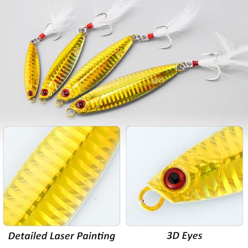 Dr.Fish 5 Pack Metal Jigging Spoon Saltwater Fishing Jigs Spoons Lures Casting Vertical Diamond Jig Lures Freshwater Bass Striper Mackerel Halibut - color: Long Casting Jig, size: 2oz-Hook #4