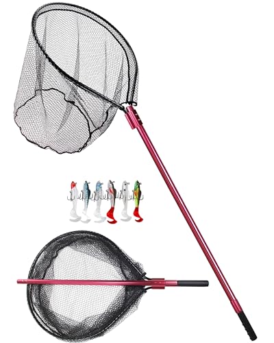Large Rubber Fishing Net Heavy Duty Extra Large Aluminum Landing Net for Saltwater Fish Net Telescoping Handle with 6pcs Soft Jig Swimbait, Extends to 72-94in