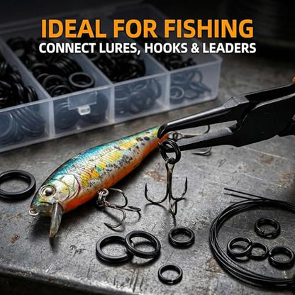 Fishing Split Rings Kit: 250pcs Heavy Duty Steel Fishing Lure Making Ring Fishing Hook Connector Tackle - color: Black Split Set
