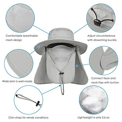 IYEBRAO Mens Outdoor Sun Hat with Face Neck Flap UV Protection Wide Brim Fishing Hat for Hiking Safari Gardening UPF 50+ - color: 2 Pack-light Gray＆light Gray