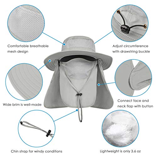 IYEBRAO Mens Outdoor Sun Hat with Face Neck Flap UV Protection Wide Brim Fishing Hat for Hiking Safari Gardening UPF 50+ - color: Light Gray